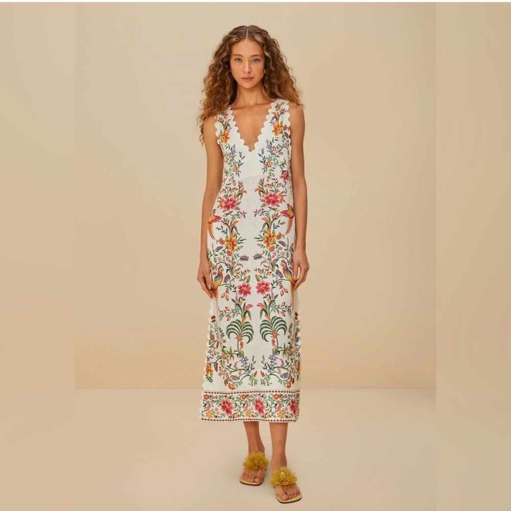Farm Rio Off-White Delicate Forest Euroflax™ Premium Linen Maxi Dress
